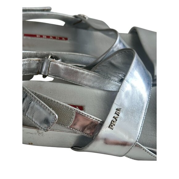 PRADA Silver Leather Double Strap Sandals Size 38.5 - Picture 4 of 10